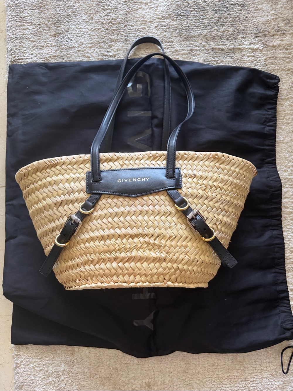Givenchy Natural Straw Basket Tote with Black Leather Accents - Picture 3 of 5